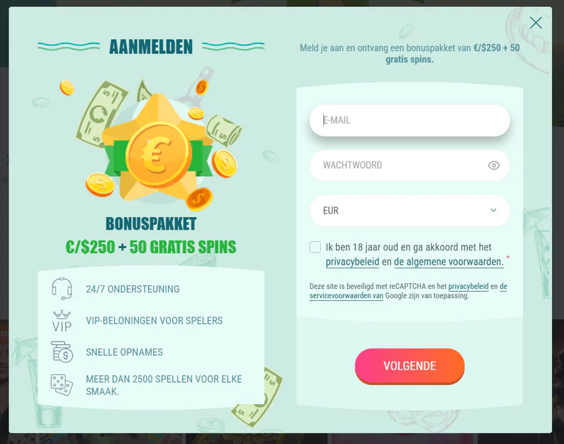 Registratievenster van Spinia Casino met een welkomstbonus van €/$250 en 50 gratis spins, snelle uitbetalingen en VIP-beloningen